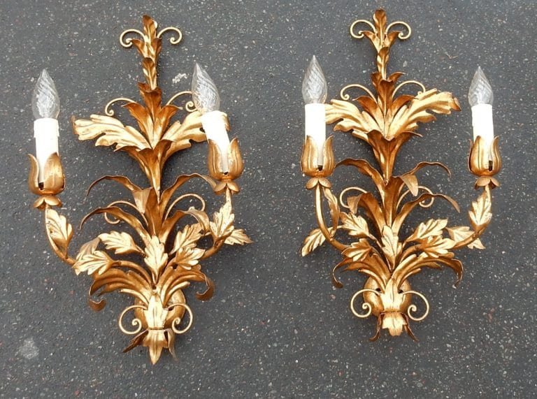 1970 ′ Pair Of Golden Iron Wall Lights Flowers And Foliage With 2 Bulbs-photo-1