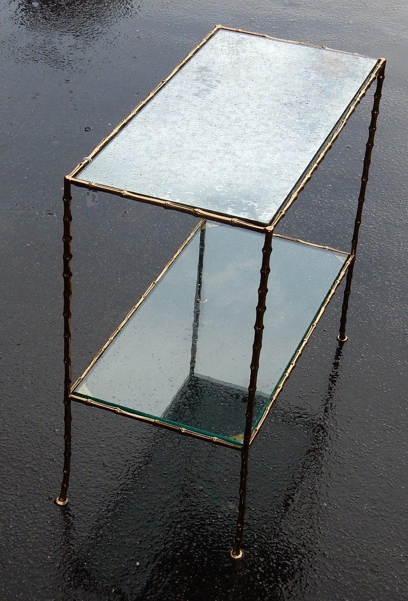 1970′ Bout De Canapé En Bronze Maison Baguès Plateaux Miroirs Oxydés 65x31x H59 Cm