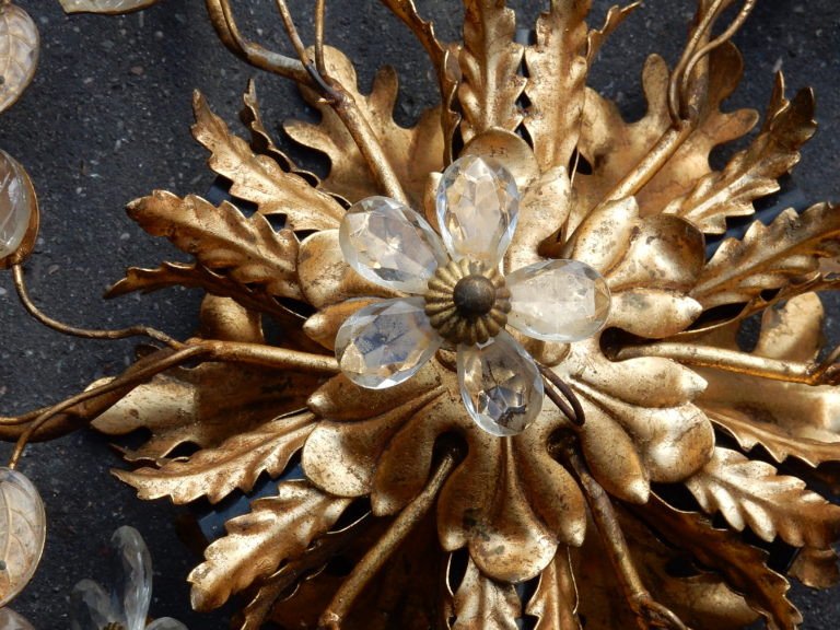 1950/70 ′ Ceiling Lamp With Floral Decor With Glass Leaves Style Maison Baguès-photo-2
