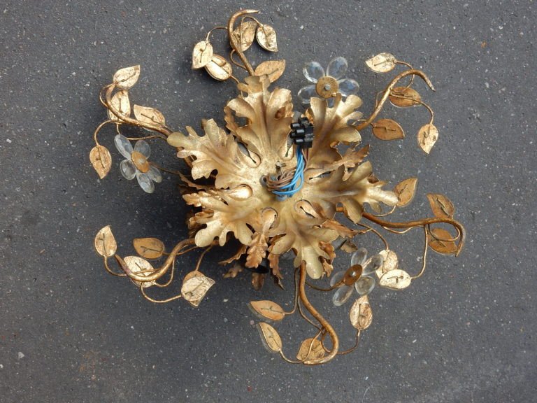 1950/70 ′ Ceiling Lamp With Floral Decor With Glass Leaves Style Maison Baguès-photo-2