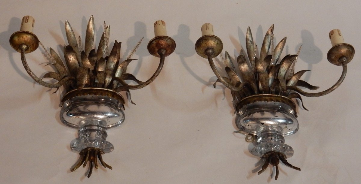 1970 'pair Of Silver Metal Wall Lights Decor Of Urn And Reeds-photo-2