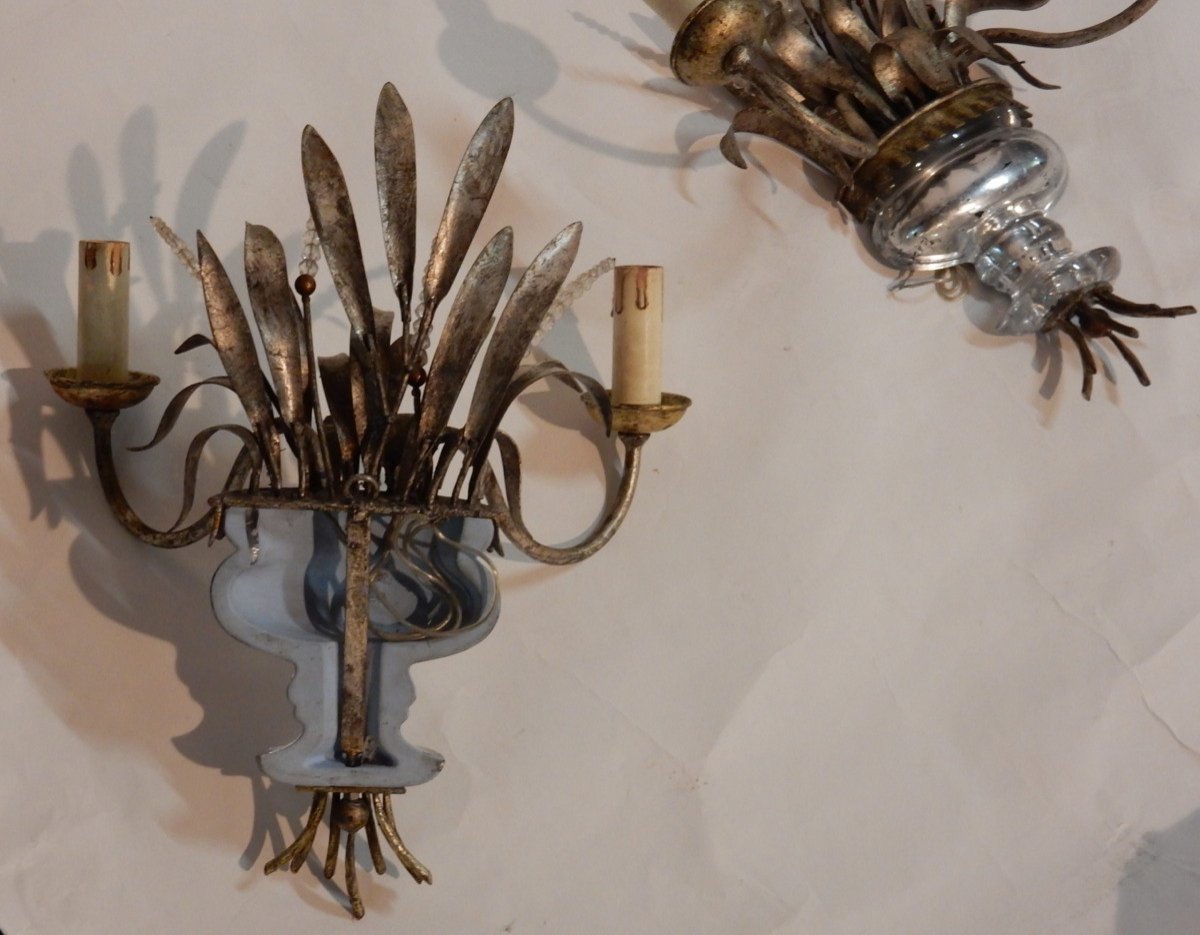 1970 'pair Of Silver Metal Wall Lights Decor Of Urn And Reeds-photo-4