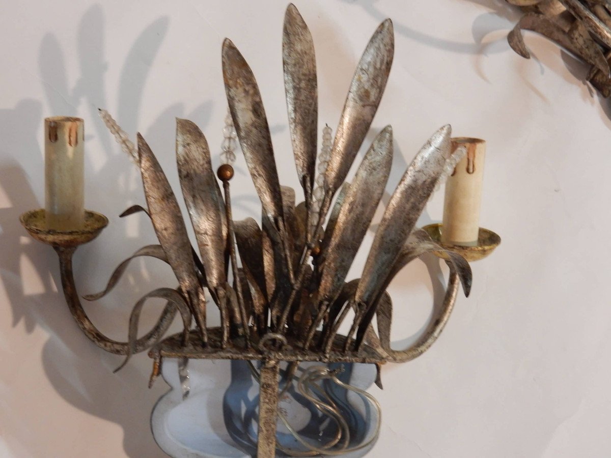 1970' Paire d'Appliques Métal Argenté Décor d'Urne Et De Roseaux-photo-1