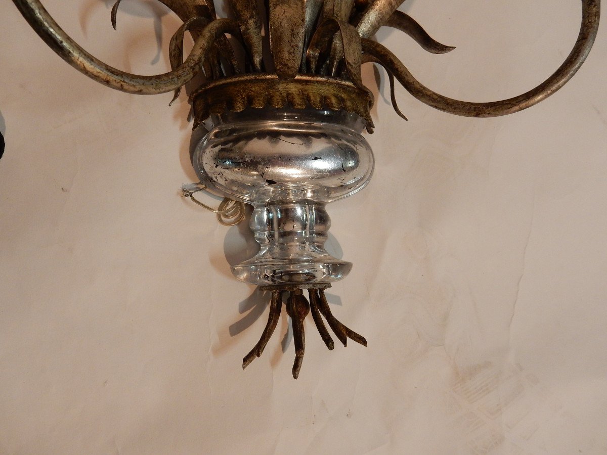 1970' Paire d'Appliques Métal Argenté Décor d'Urne Et De Roseaux-photo-2