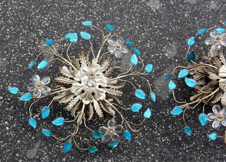 1970 ′ Pair Of Wall Lights In Silver Metal And Flowers In Blue Glass Style Maison Baguès-photo-2