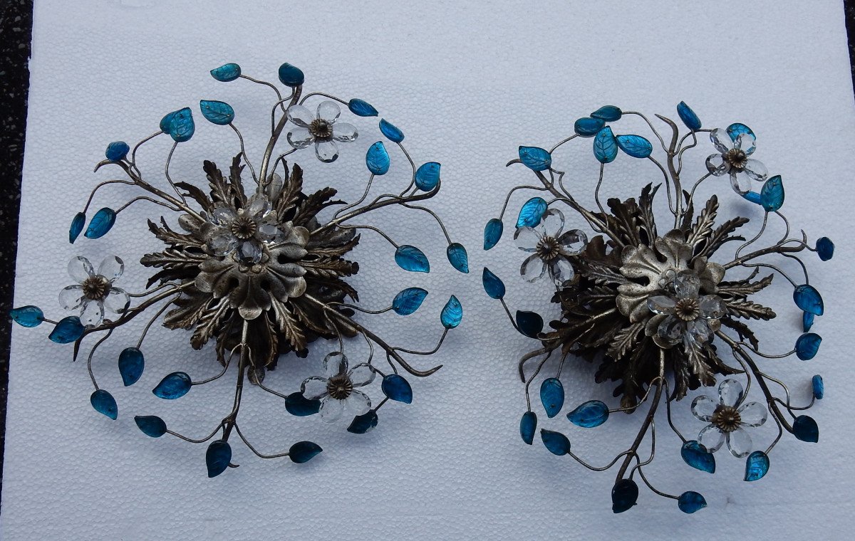 1970 ′ Pair Of Wall Lights In Silver Metal And Flowers In Blue Glass Style Maison Baguès-photo-3