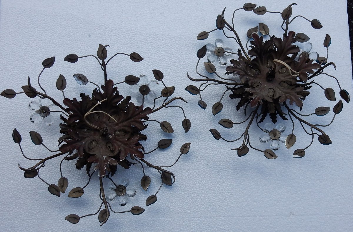 1970′ Paire d'Appliques En Métal Argenté Et Fleurs En Verre Bleue Style Maison Baguès-photo-4