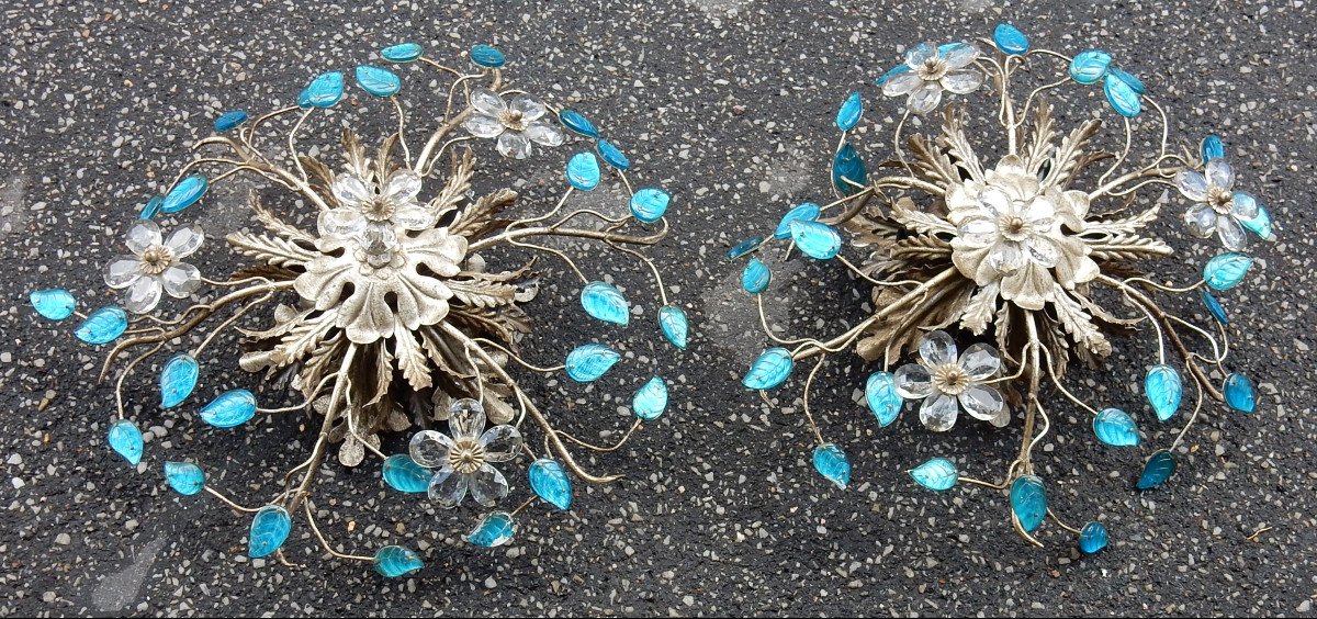 1970 ′ Pair Of Wall Lights In Silver Metal And Flowers In Blue Glass Style Maison Baguès