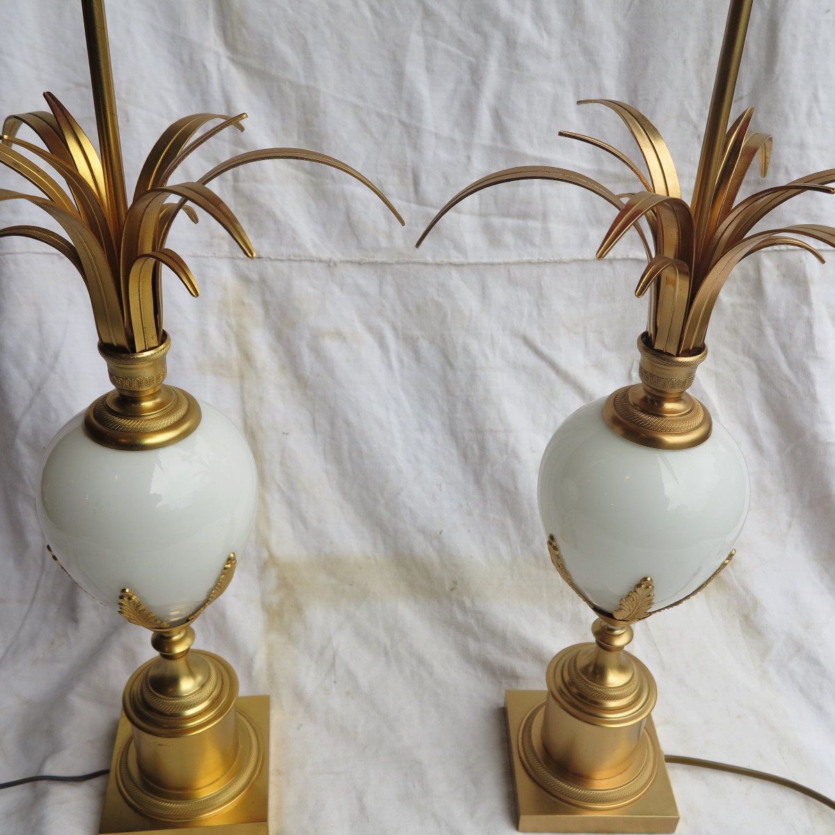 1950/70′ Paire De Lampes Opaline Blanche Style Charles-photo-2