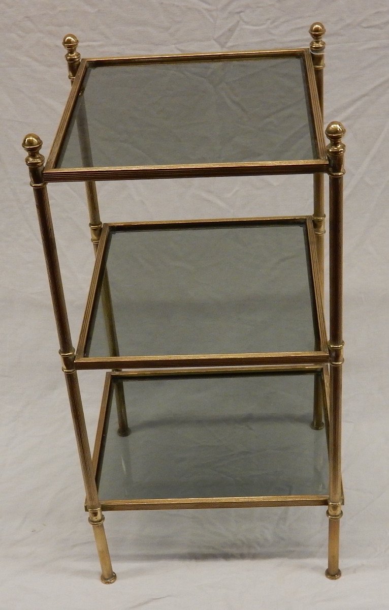 1970′ Bout De Canapé Carré Maison Baguès 3 Plateaux Avec Vitres Teintées Bleutées 32 X 32 Cm