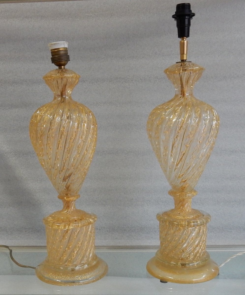 1950/70 Paire De Lampes Barovier & Toso Avec Paillons d’Or-photo-4