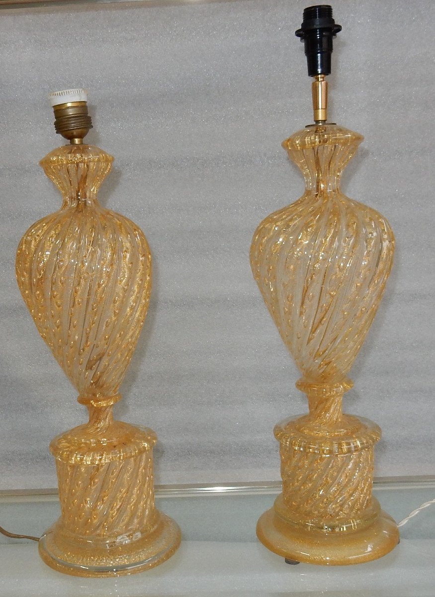 1950/70 Paire De Lampes Barovier & Toso Avec Paillons d’Or
