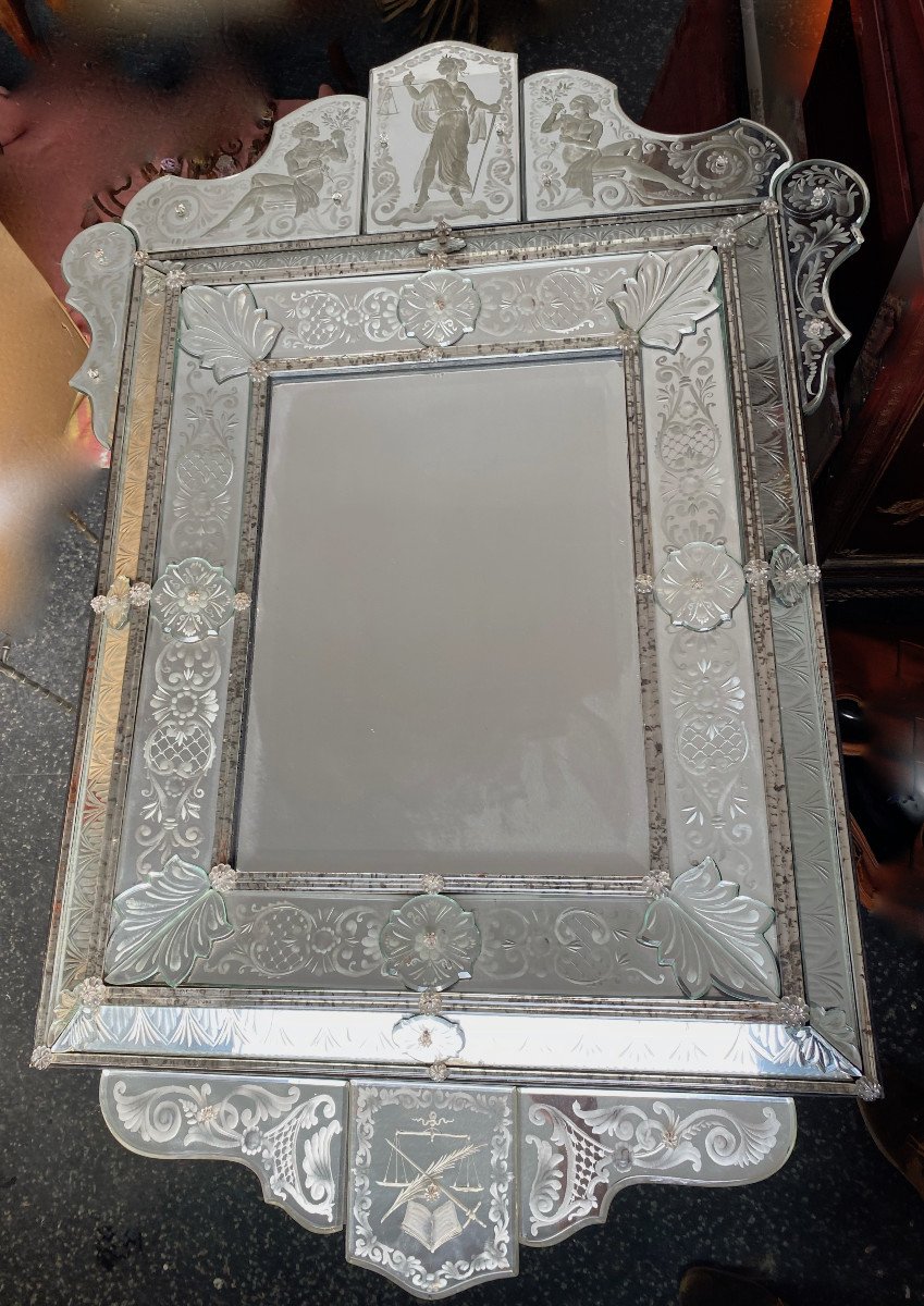 1970 ′ Venice Mirror In The Antique With Decor Of Characters Symbolizing Justice Signed: Himberger