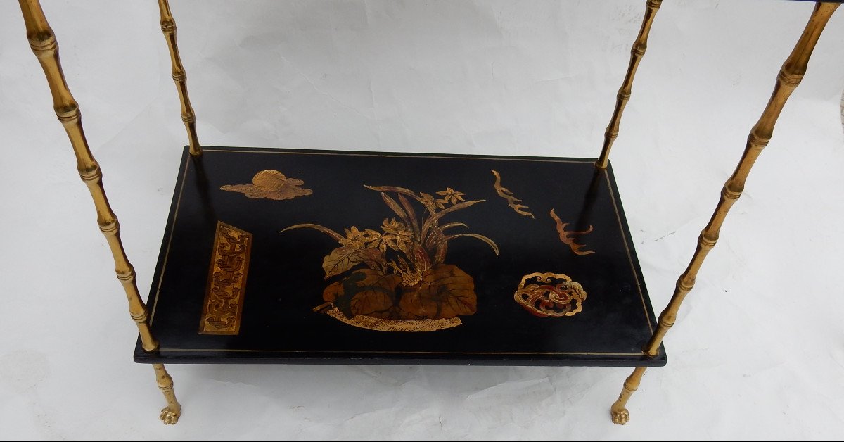 1950 ′ Maison Baguès Decor Bamboo Table In Gilt Bronze With Chinese Lacquer Trays 60 X 36 H 63-photo-2