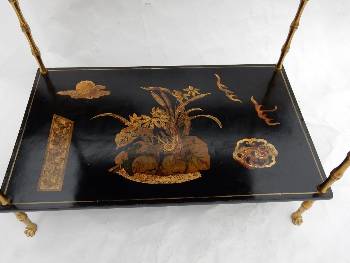 1950 ′ Maison Baguès Decor Bamboo Table In Gilt Bronze With Chinese Lacquer Trays 60 X 36 H 63-photo-1