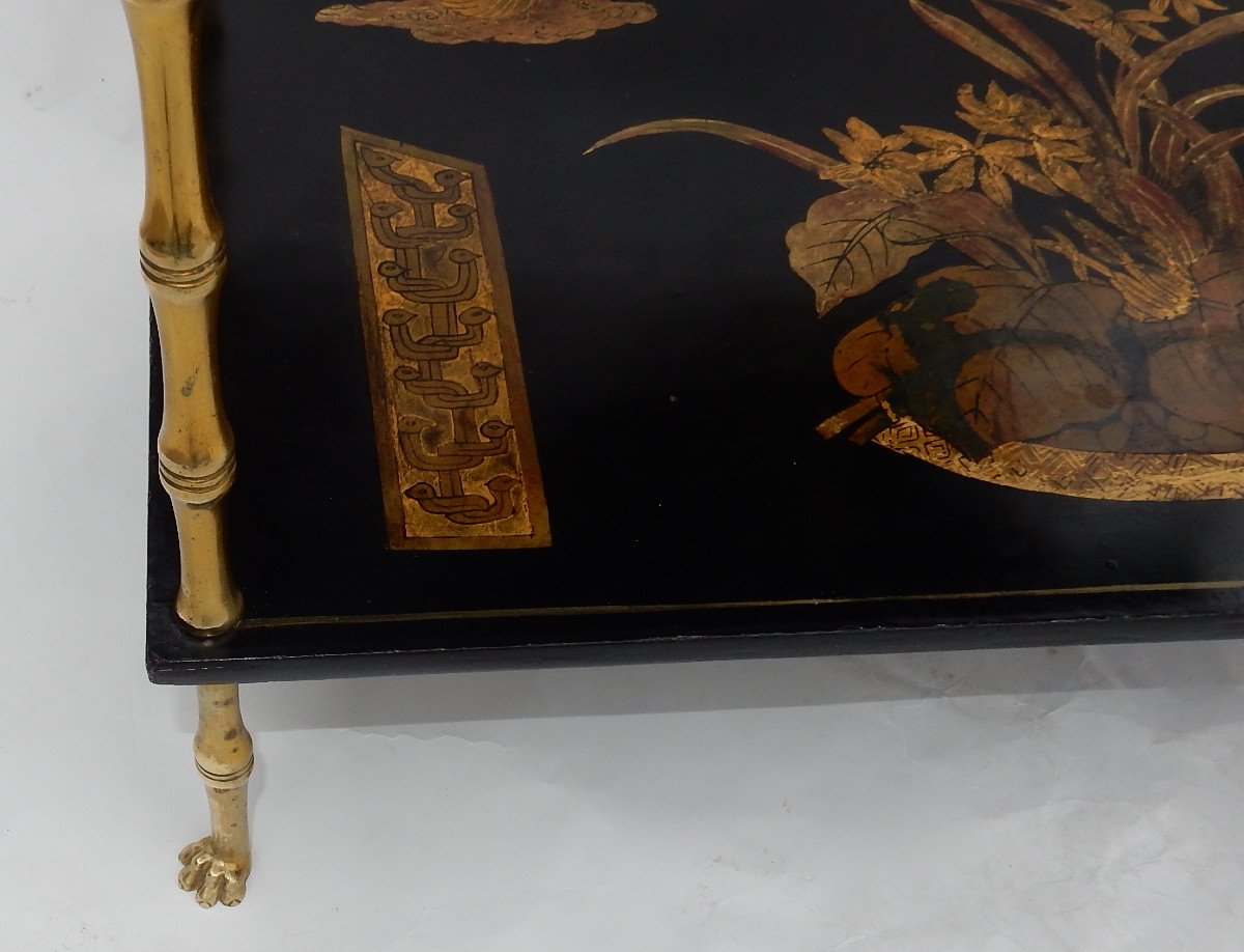 1950 ′ Maison Baguès Decor Bamboo Table In Gilt Bronze With Chinese Lacquer Trays 60 X 36 H 63-photo-2