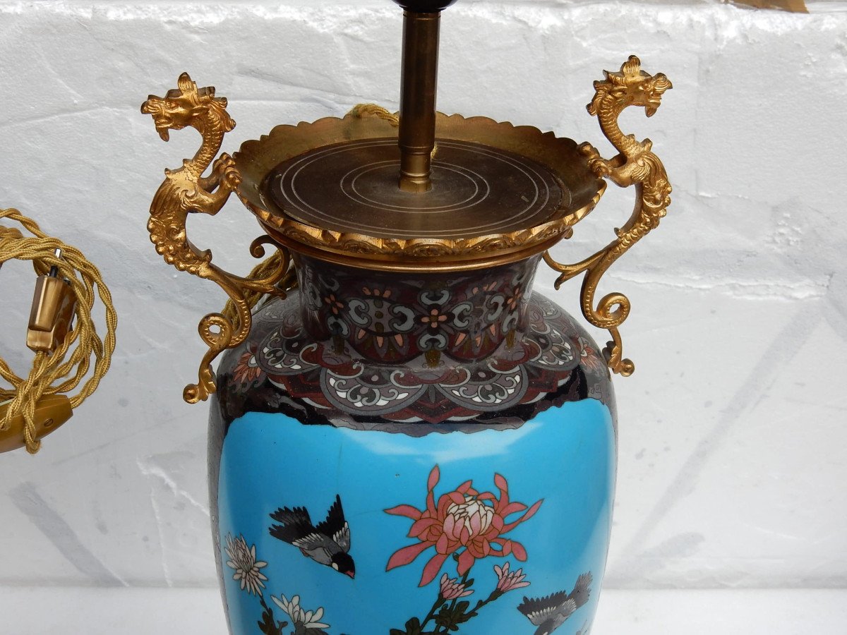 1890 ′ Pair Of Japanese Cloisonne Lamps With Birds And Dragons-photo-2