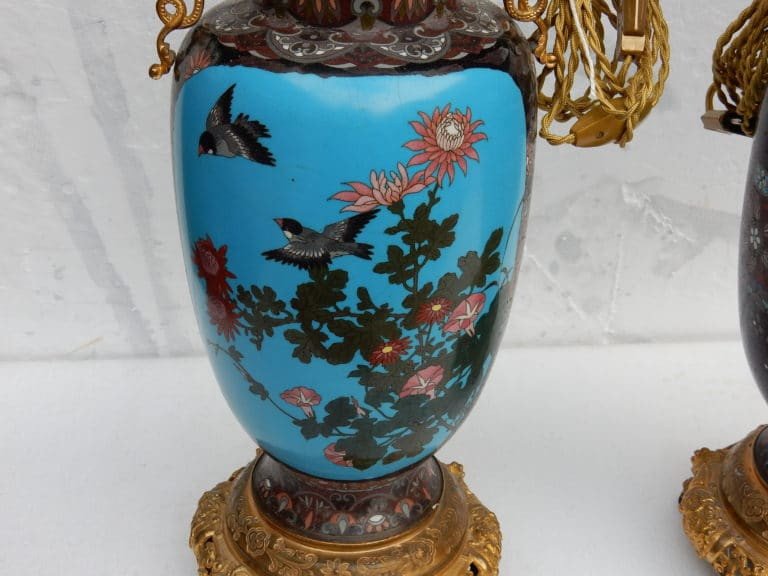 1890 ′ Pair Of Japanese Cloisonne Lamps With Birds And Dragons-photo-4
