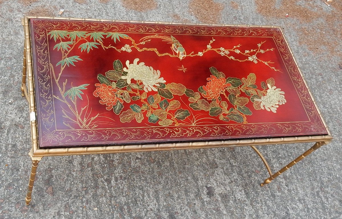 1950/70 ′ Bronze Coffee Table Palm Tree Decor, Red Chinese Lacquer Tray Baguès Style House