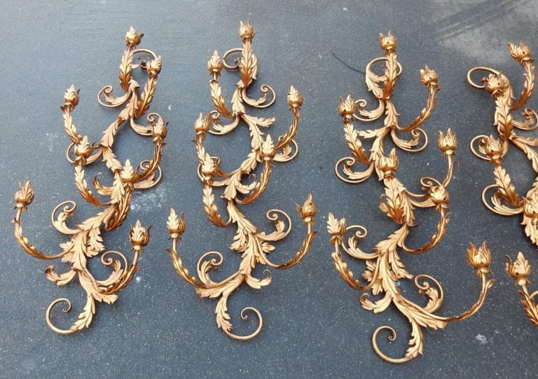 1970′ 2 Paires D’appliques Fer Doré Fleurs Et Feuillage à 8 Ampoules-photo-2