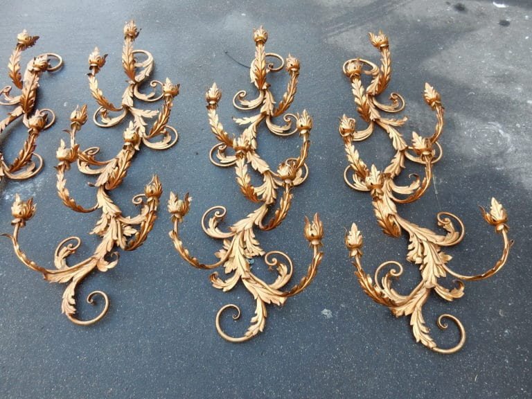 1970′ 2 Paires D’appliques Fer Doré Fleurs Et Feuillage à 8 Ampoules-photo-1