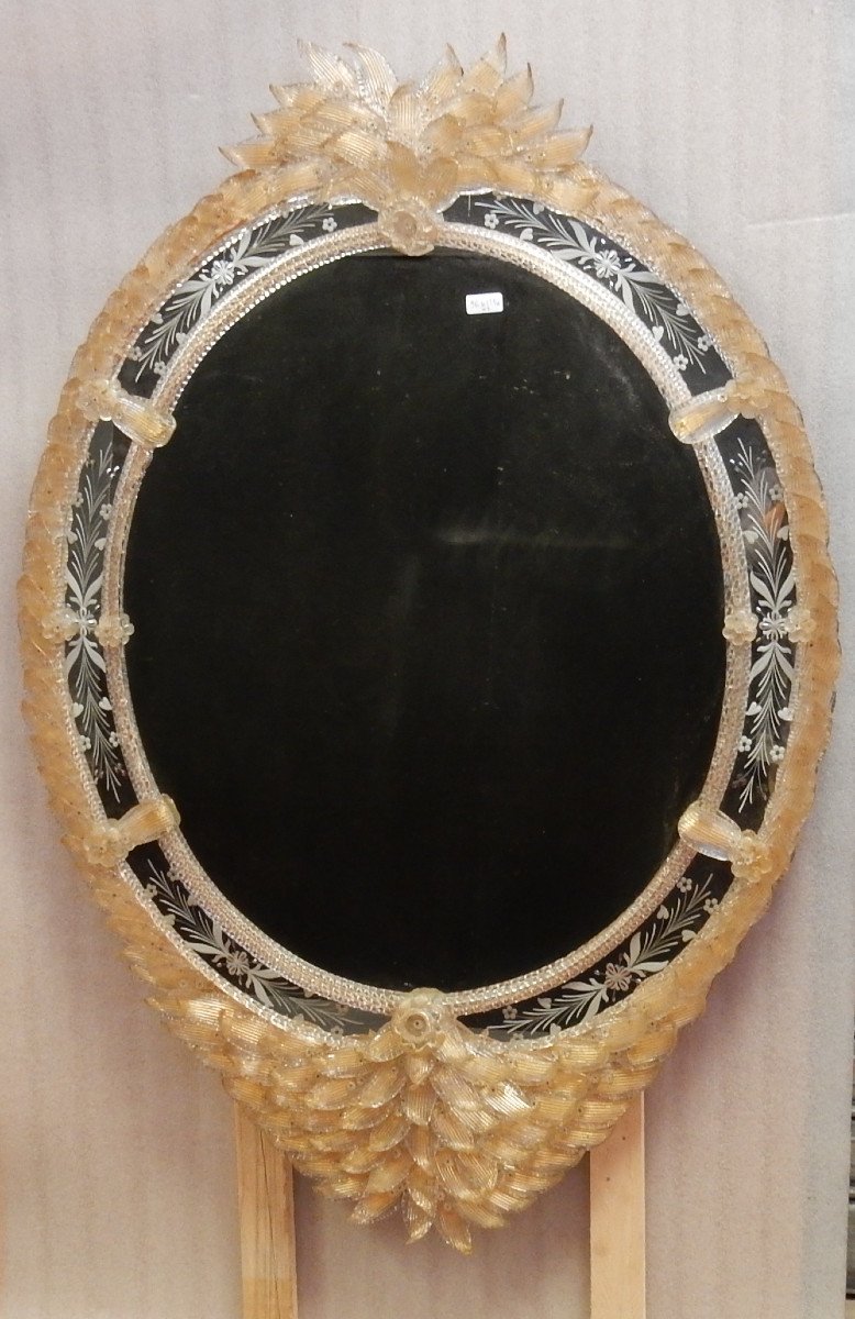 1970/80′ Miroir Cristal Murano Véronèse Avec Inclusions De Feuilles D’or 135 H X 96 Cm-photo-4