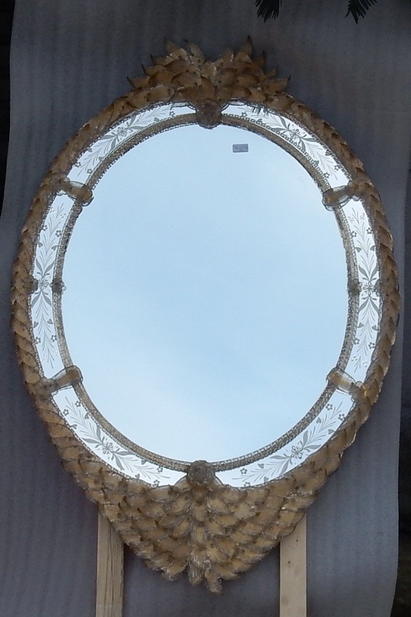 1970/80′ Miroir Cristal Murano Véronèse Avec Inclusions De Feuilles D’or 135 H X 96 Cm