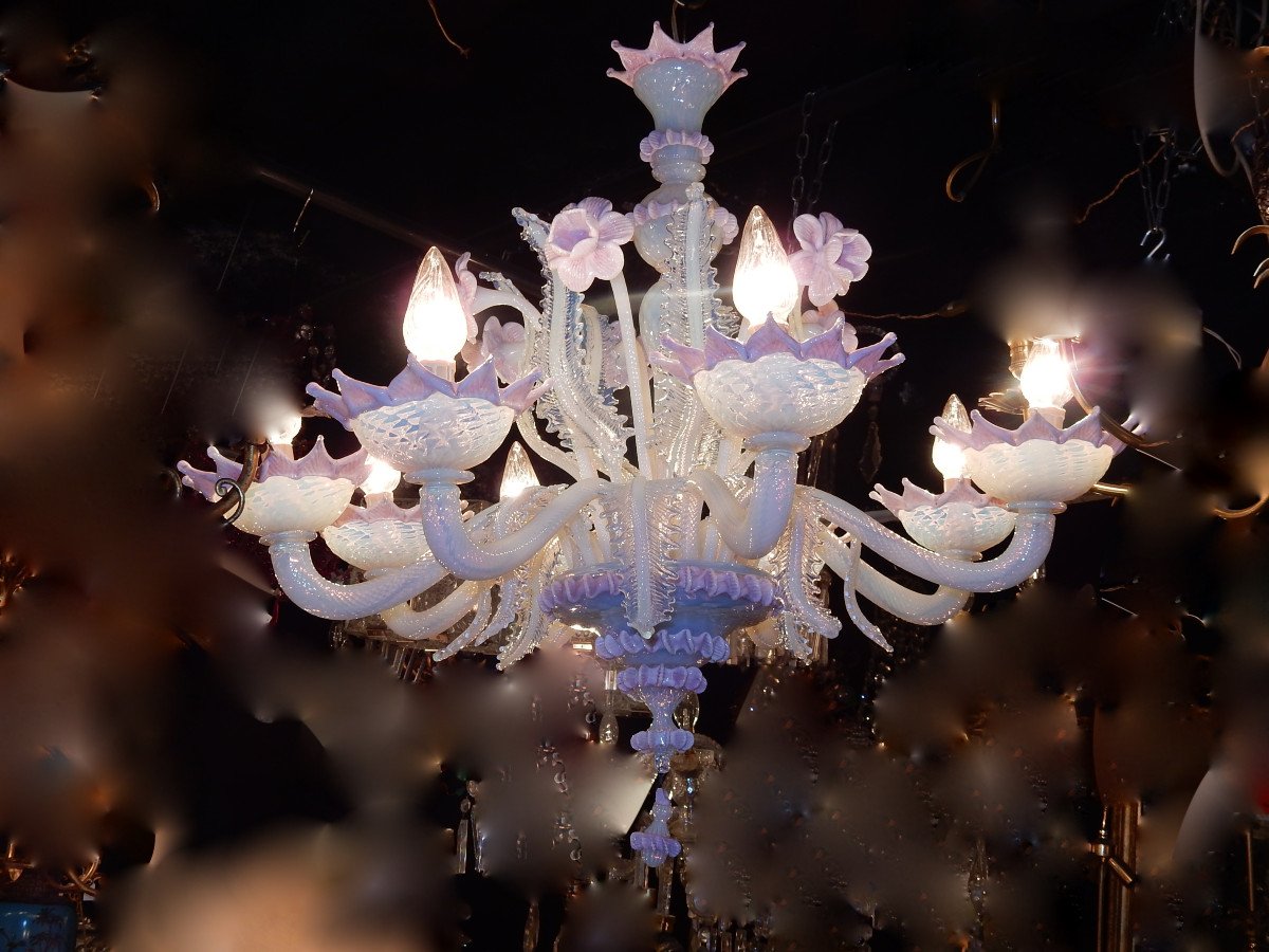 1970′ Lustre Murano à 8 Bras De Lumière En Verre Bleu Opalescent Et Pâte De Verre Rose-photo-3