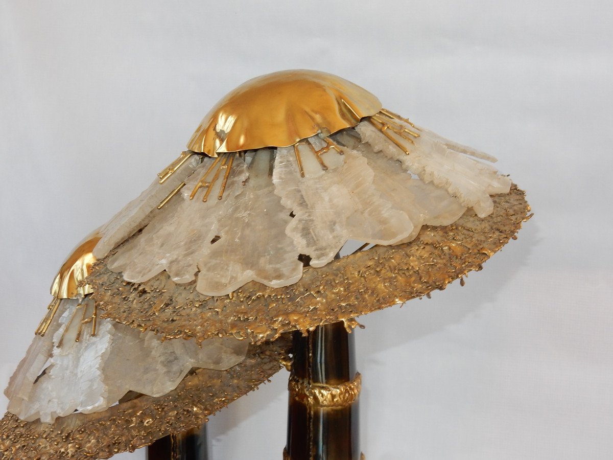 1970′lamp With 2 Illuminating Mushrooms In Brass With Gypsum Imitating Rock Crystal-photo-2