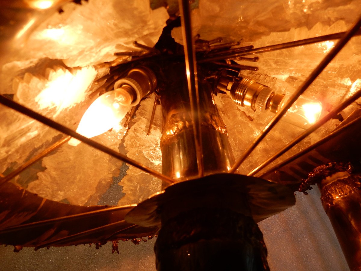 1970′lampe Aux 2 Champignons Éclairante En Laiton Avec Gypse Imitant Le Cristal De Roche -photo-2