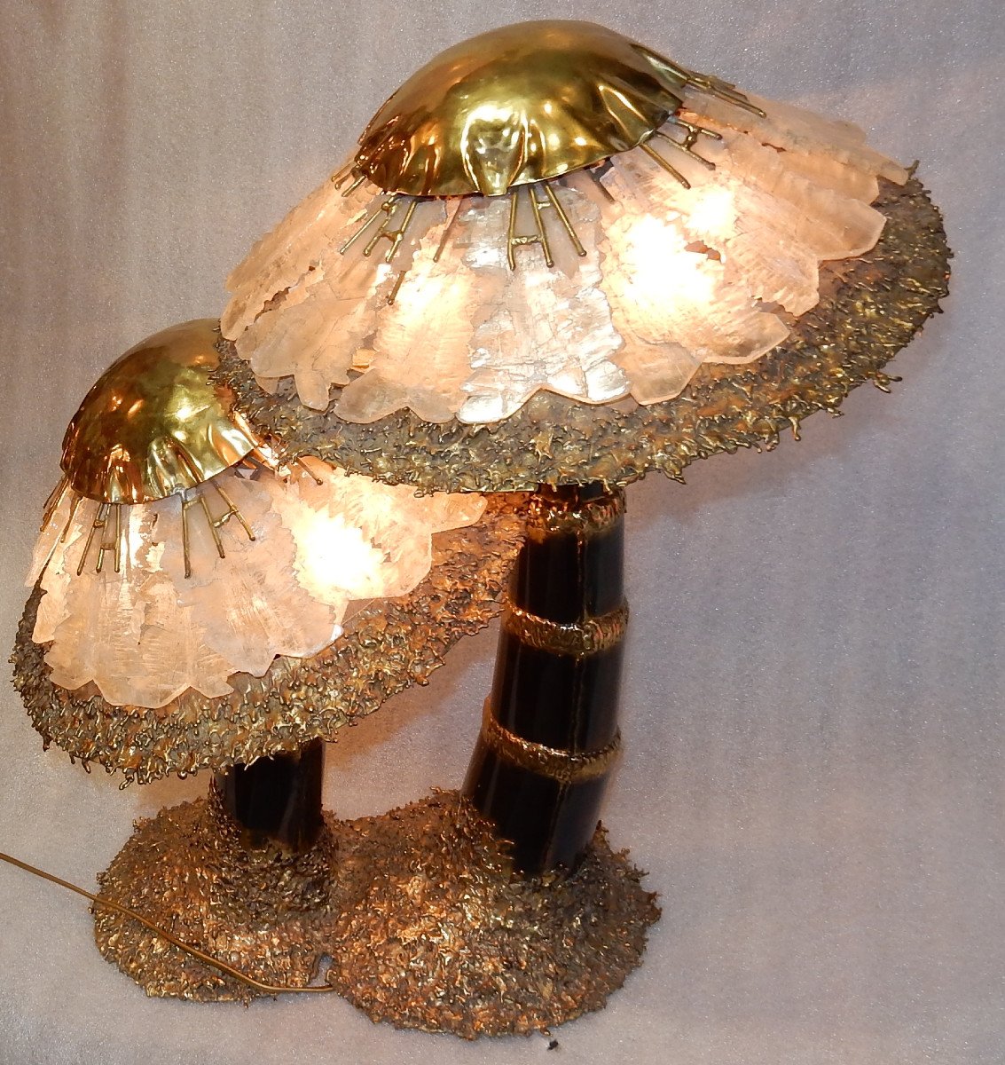 1970′lampe Aux 2 Champignons Éclairante En Laiton Avec Gypse Imitant Le Cristal De Roche -photo-7