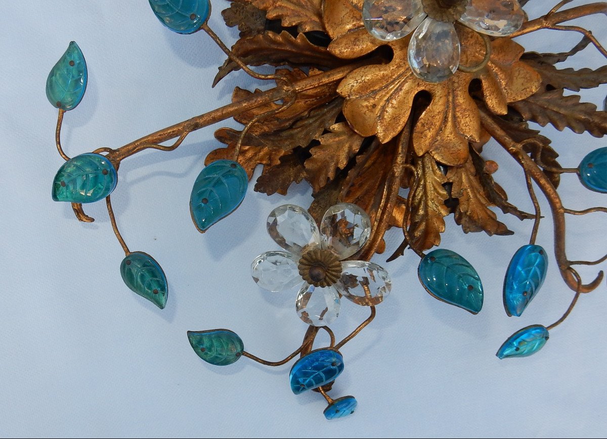 1970 ′ Applique Decor Flowers And Leaves In Golden Metal And Blue Glass Maison Baguès Or Banci-photo-2