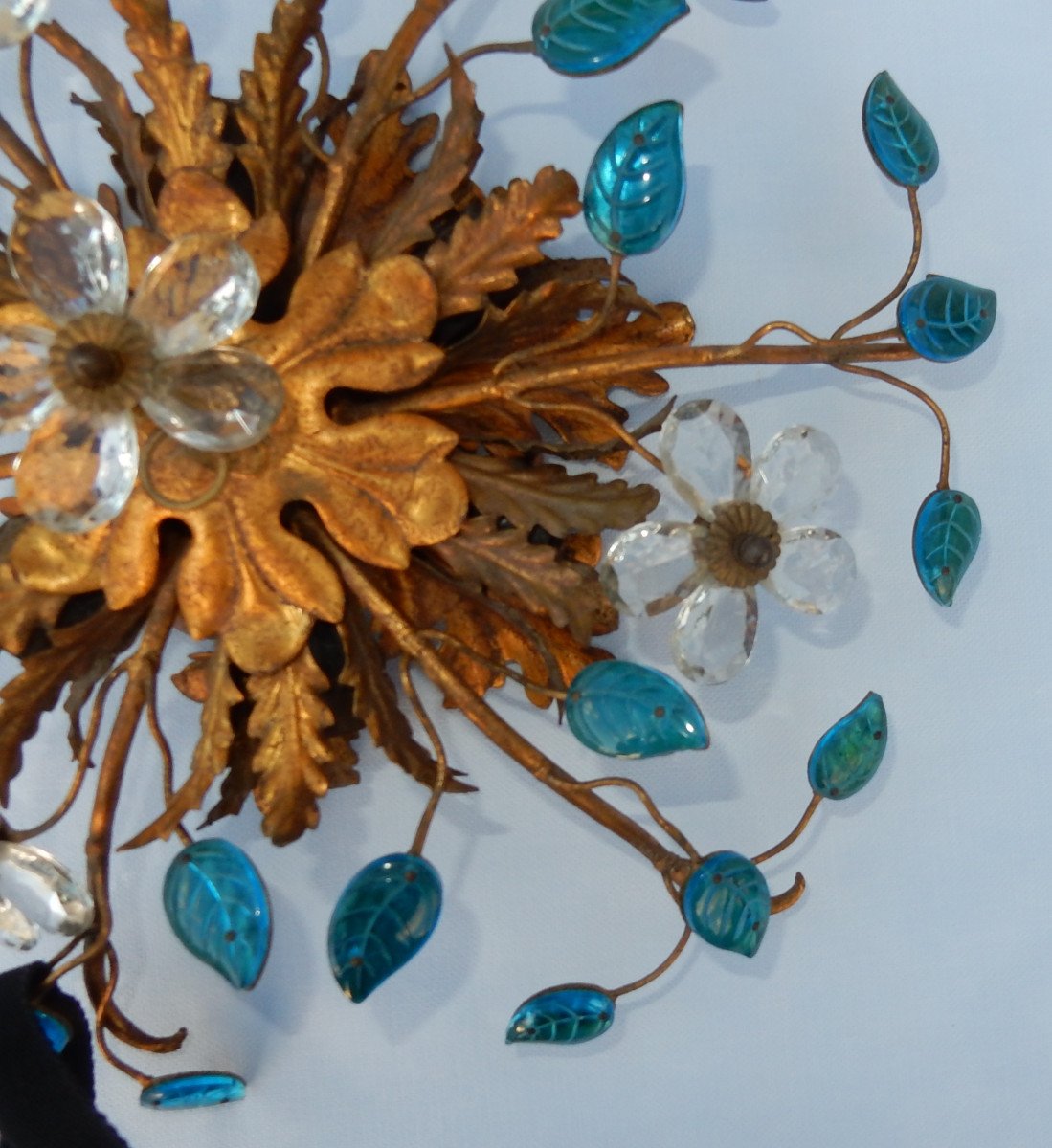 1970 ′ Applique Decor Flowers And Leaves In Golden Metal And Blue Glass Maison Baguès Or Banci-photo-4