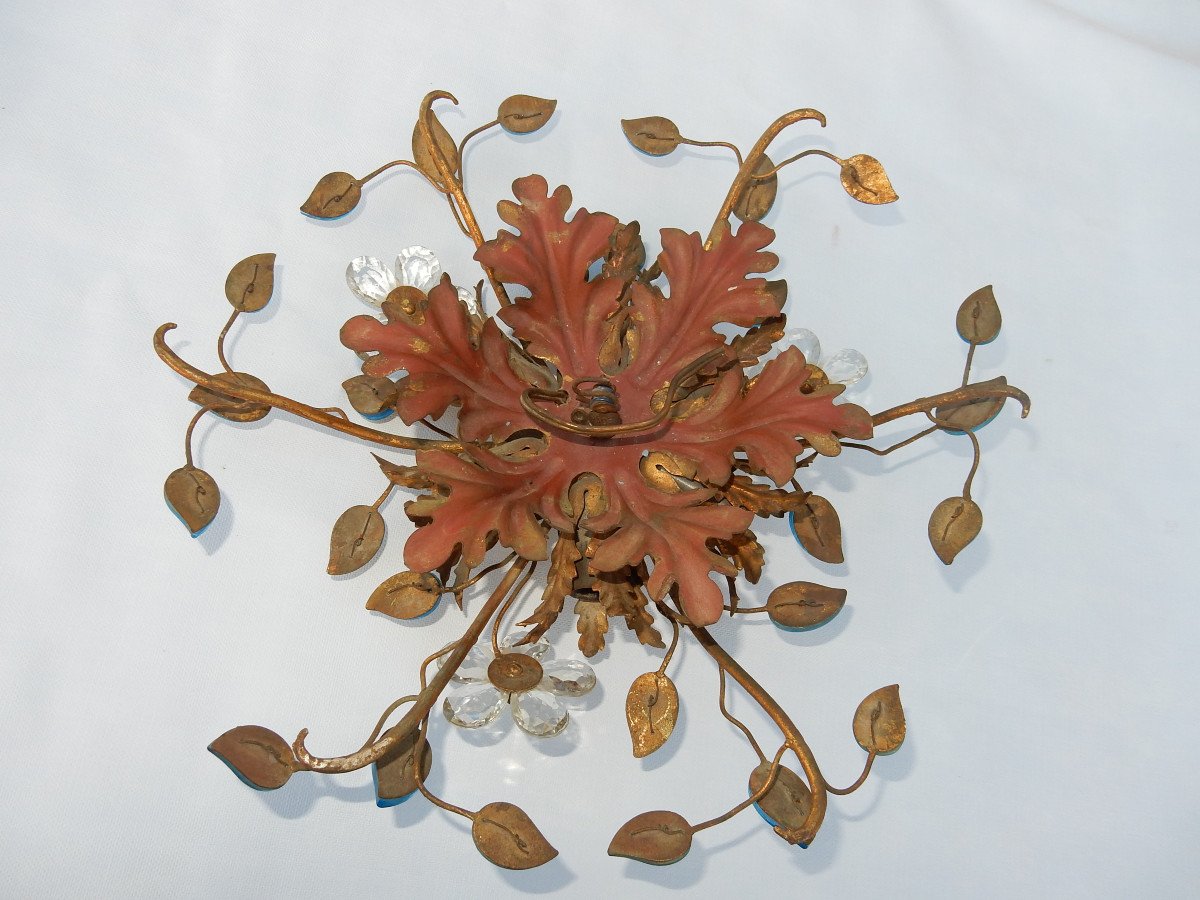 1970 ′ Applique Decor Flowers And Leaves In Golden Metal And Blue Glass Maison Baguès Or Banci-photo-1