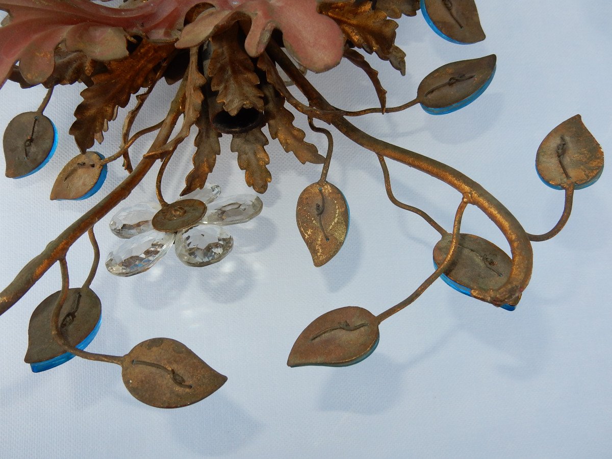 1970 ′ Applique Decor Flowers And Leaves In Golden Metal And Blue Glass Maison Baguès Or Banci-photo-3