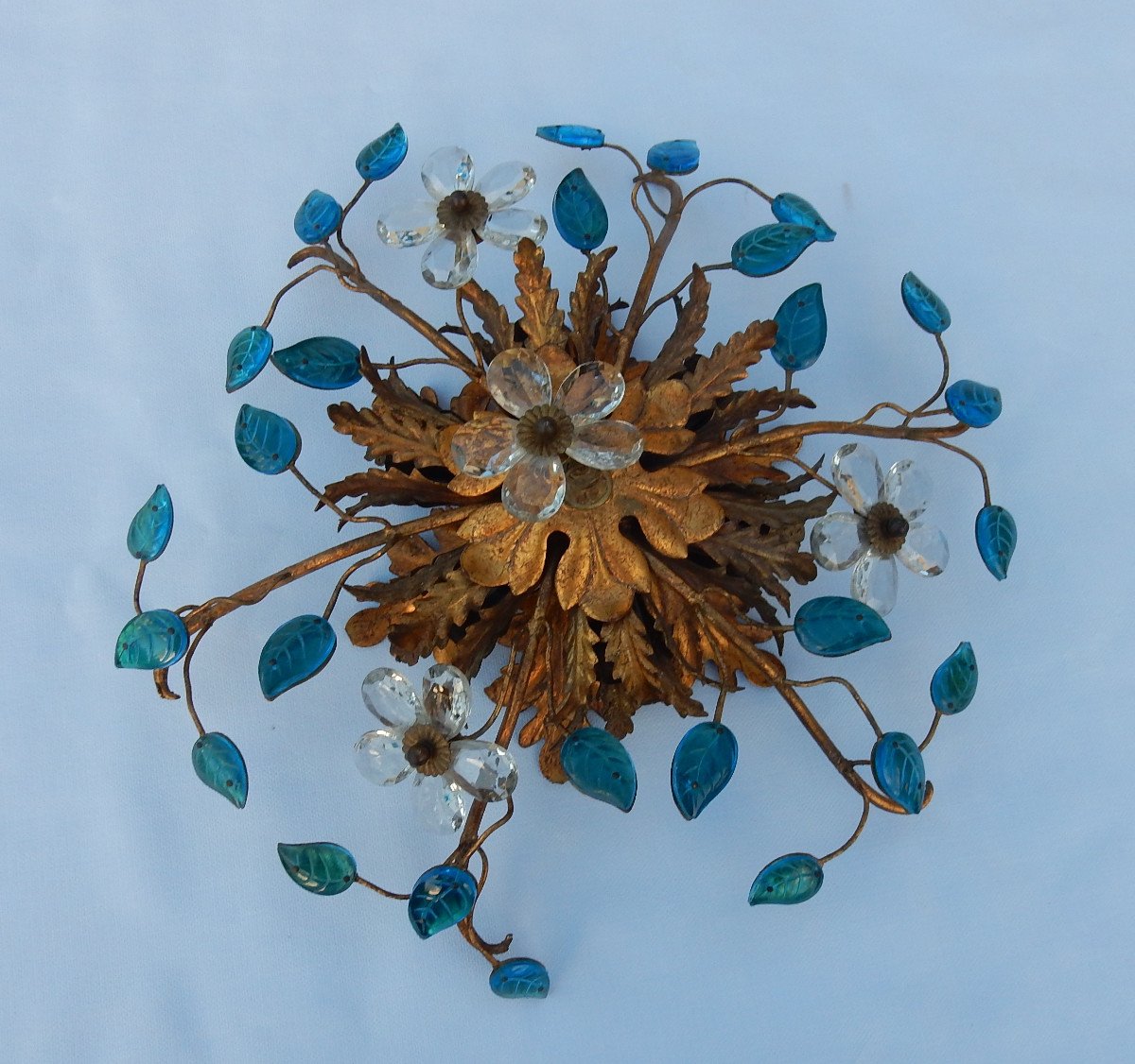 1970 ′ Applique Decor Flowers And Leaves In Golden Metal And Blue Glass Maison Baguès Or Banci-photo-5