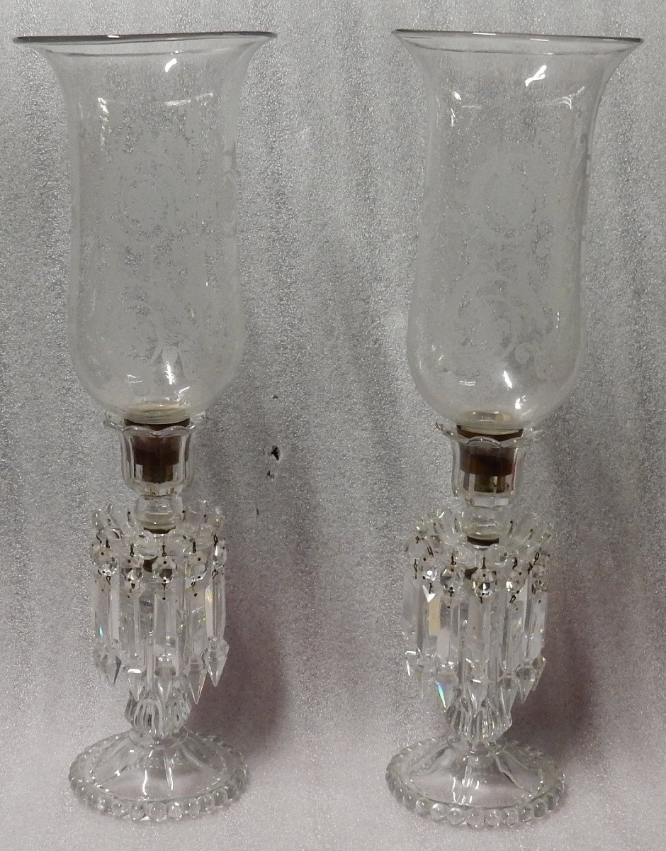 1950/70 Paire De Bougeoirs En Cristal Baccarat Signés Avec Photophores