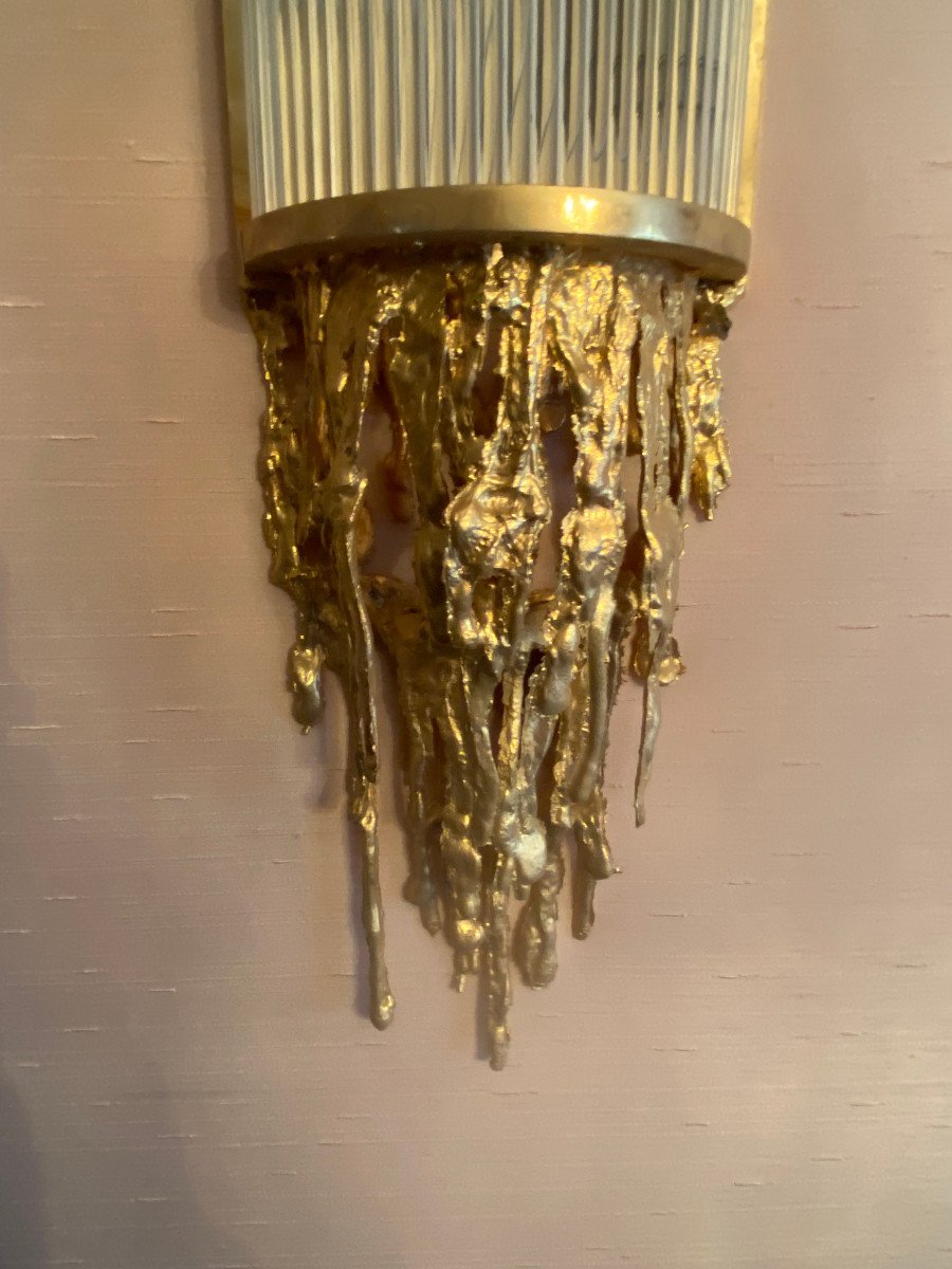 1970 ′ Pair Of Bronze Sconces, Glass Tubes By Victor Boeltz, Stalagmite And Stalactites-photo-4