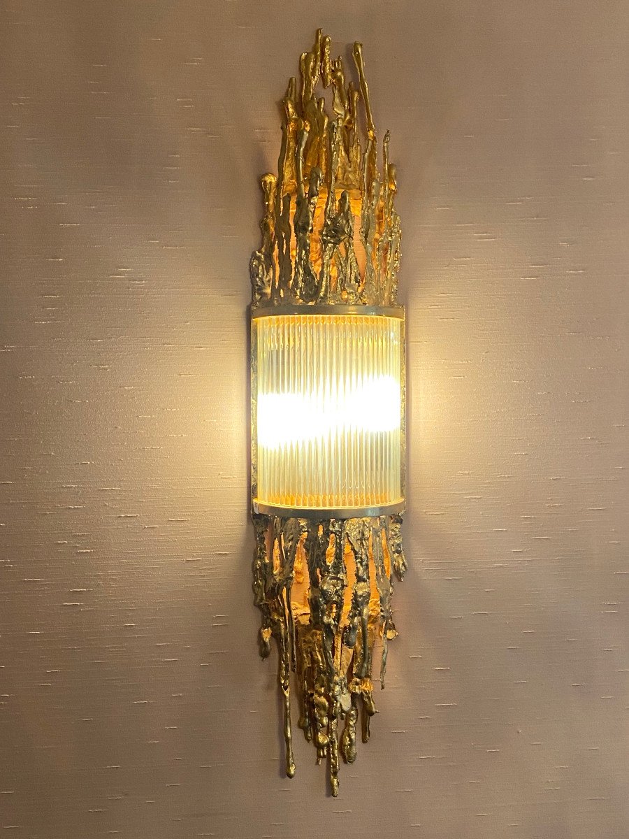 1970 ′ Pair Of Bronze Sconces, Glass Tubes By Victor Boeltz, Stalagmite And Stalactites-photo-2