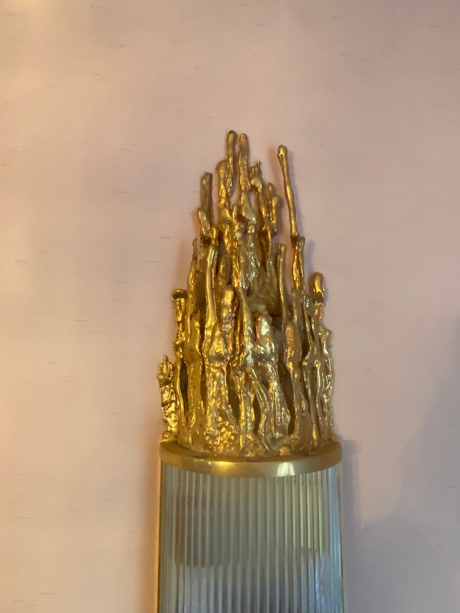 1970 ′ Pair Of Bronze Sconces, Glass Tubes By Victor Boeltz, Stalagmite And Stalactites-photo-2