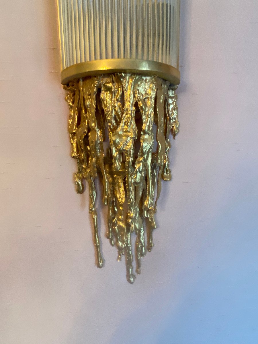 1970 ′ Pair Of Bronze Sconces, Glass Tubes By Victor Boeltz, Stalagmite And Stalactites-photo-3