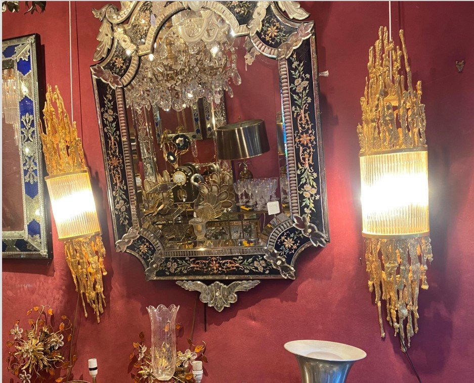 1970 ′ Pair Of Bronze Sconces, Glass Tubes By Victor Boeltz, Stalagmite And Stalactites
