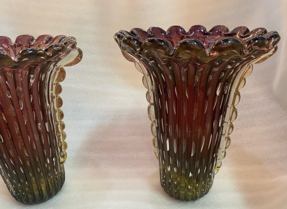 1970 ′ Pair Of Vases Or Similar Murano Crystal Violine And Gold Signed Toso H 39 Cm-photo-2