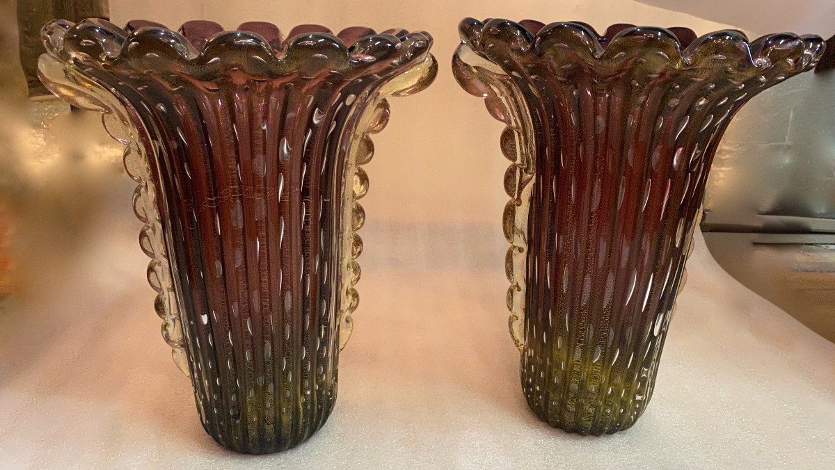 1970 ′ Pair Of Vases Or Similar Murano Crystal Violine And Gold Signed Toso H 39 Cm-photo-6