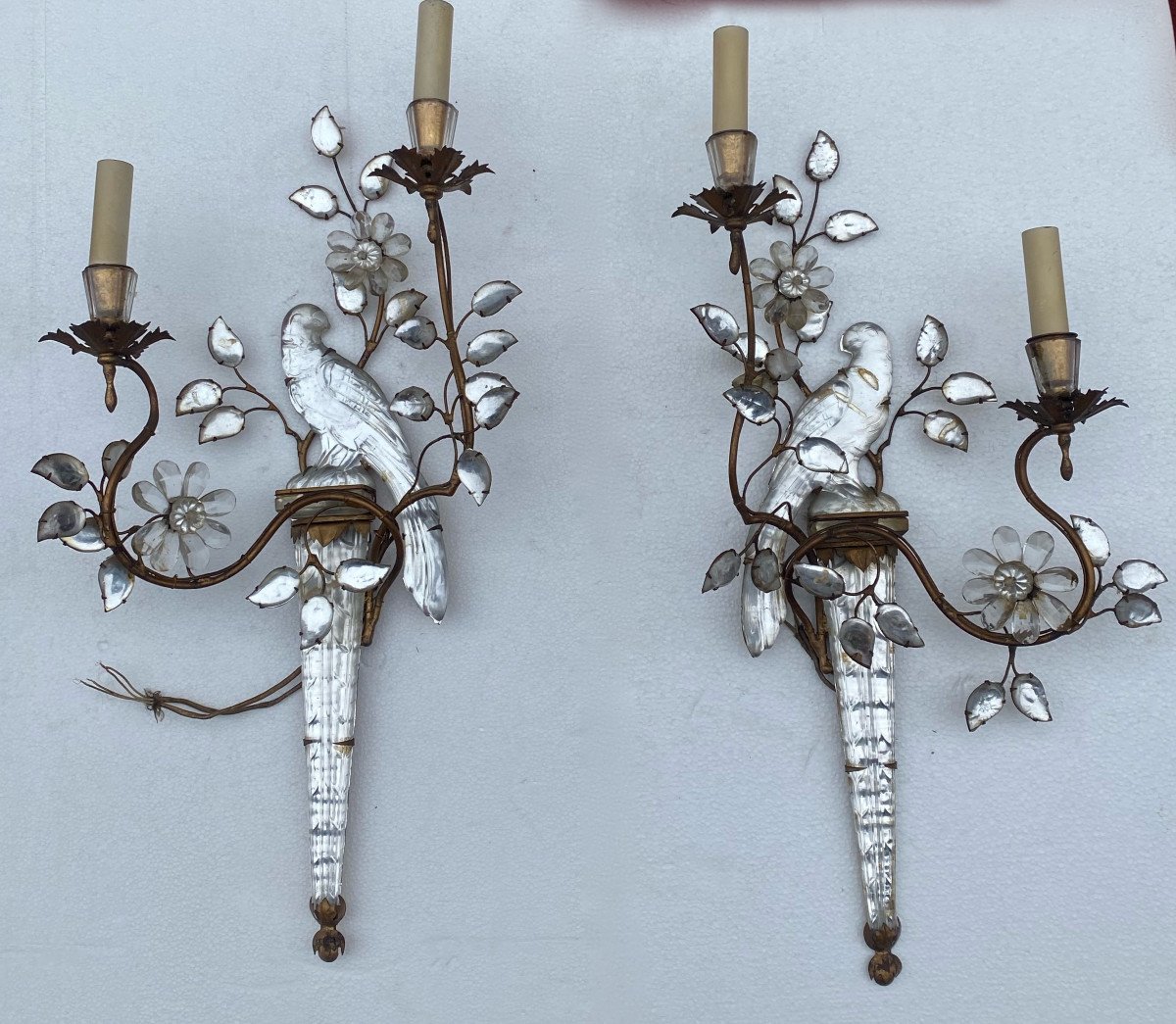 1950/70 ′ Pair Of Wall Lights With The Parakeet Placed On A Sheath, Maison Baguès H 63 Cm
