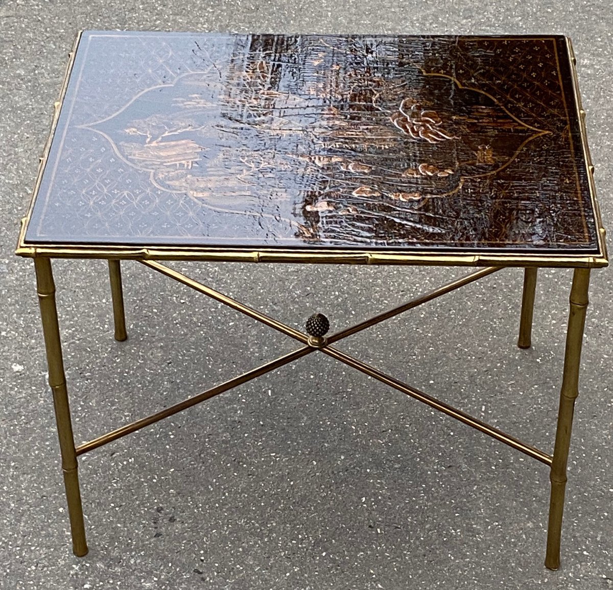 1950 ′ Maison Baguès / Jansen Table Bamboo Decor In Gilt Bronze With Chinese Lacquer Top-photo-2