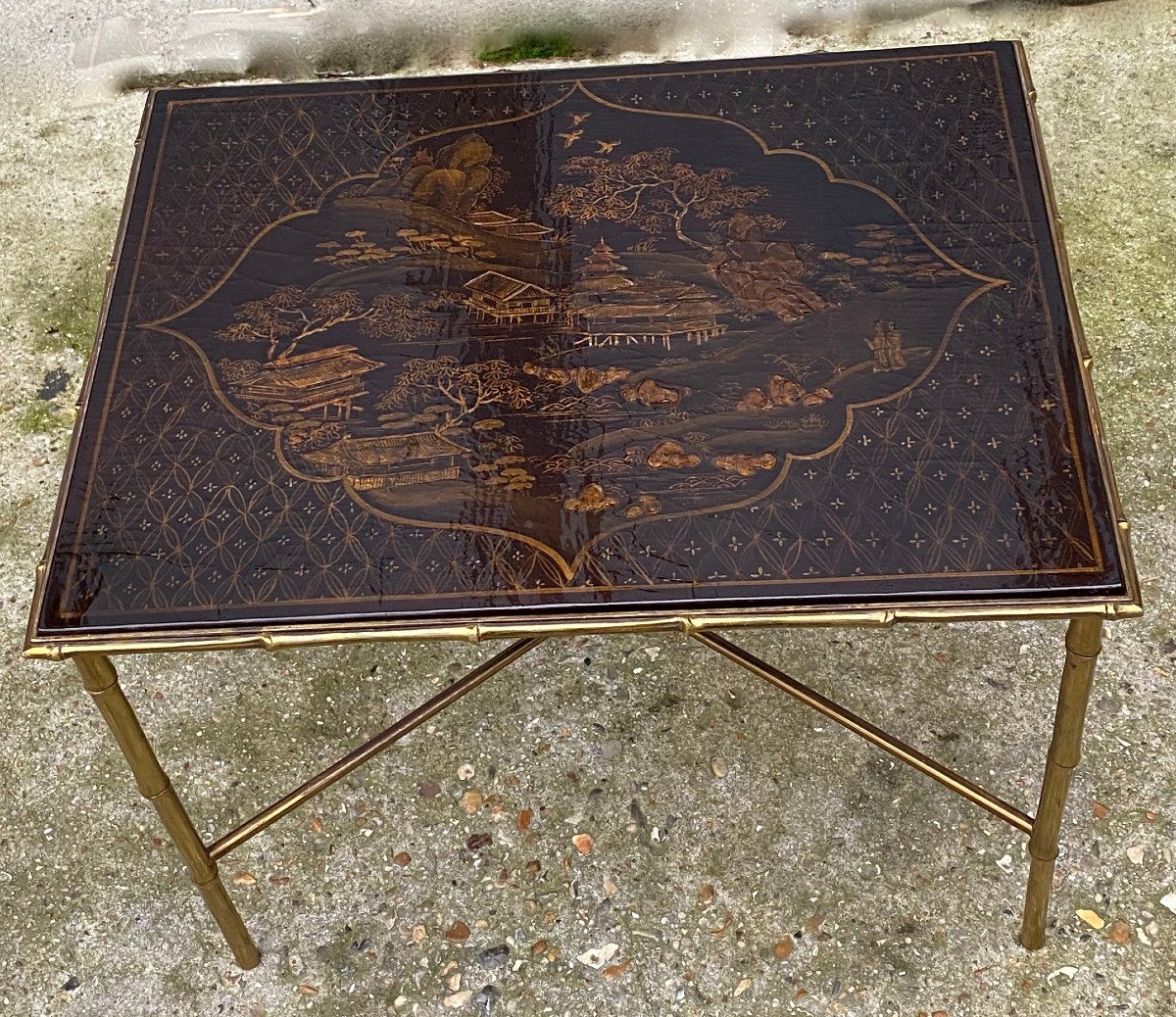 1950 ′ Maison Baguès / Jansen Table Bamboo Decor In Gilt Bronze With Chinese Lacquer Top-photo-4