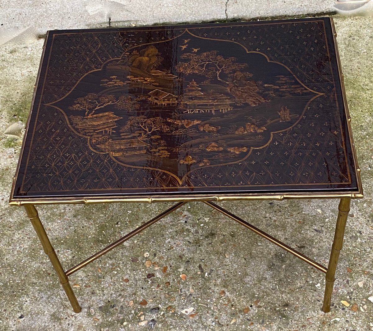 1950 ′ Maison Baguès / Jansen Table Bamboo Decor In Gilt Bronze With Chinese Lacquer Top-photo-1