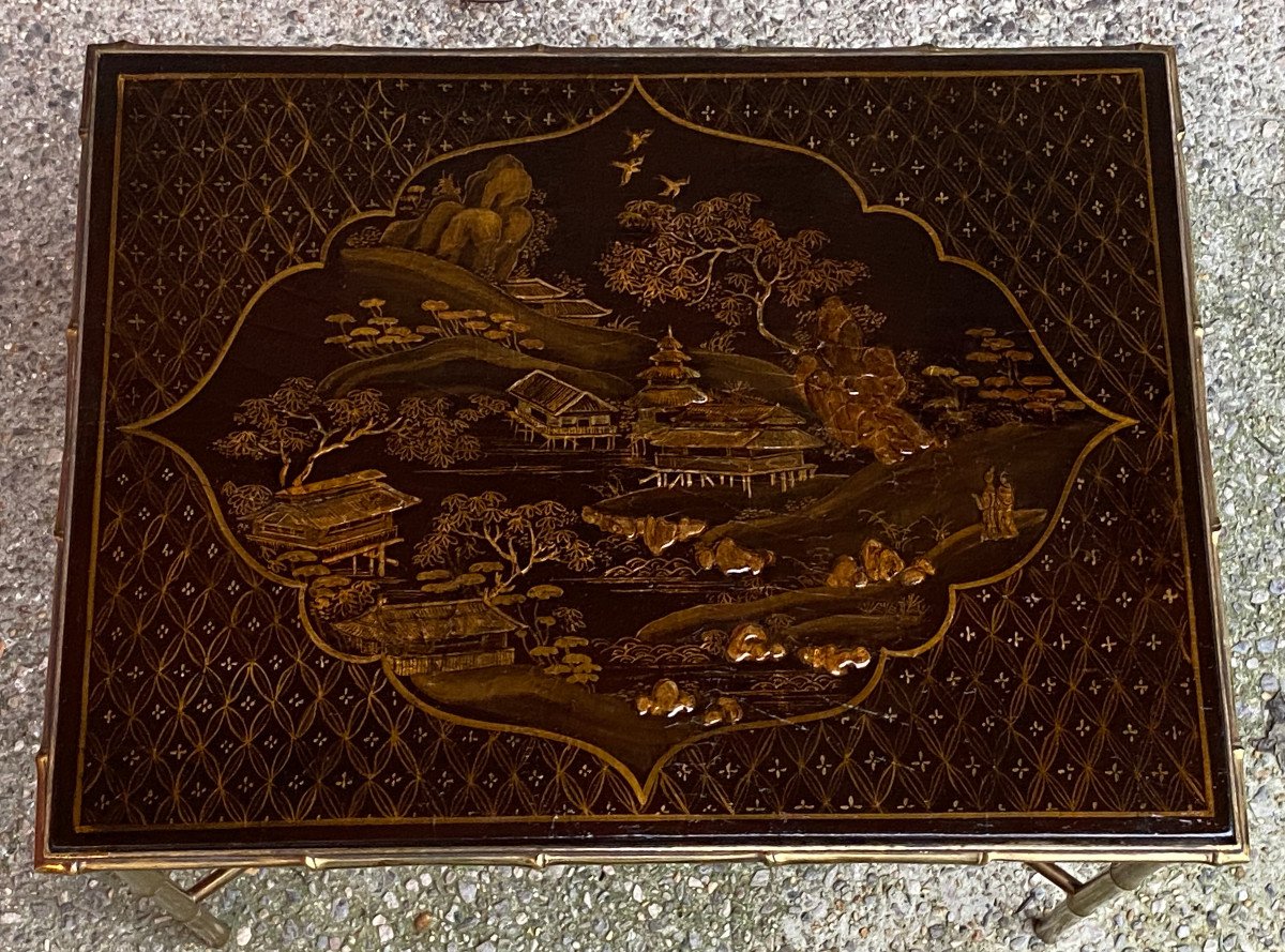 1950 ′ Maison Baguès / Jansen Table Bamboo Decor In Gilt Bronze With Chinese Lacquer Top-photo-2