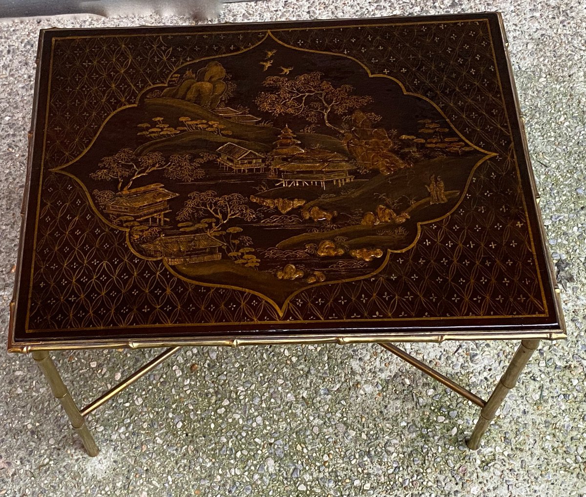 1950 ′ Maison Baguès / Jansen Table Bamboo Decor In Gilt Bronze With Chinese Lacquer Top-photo-3